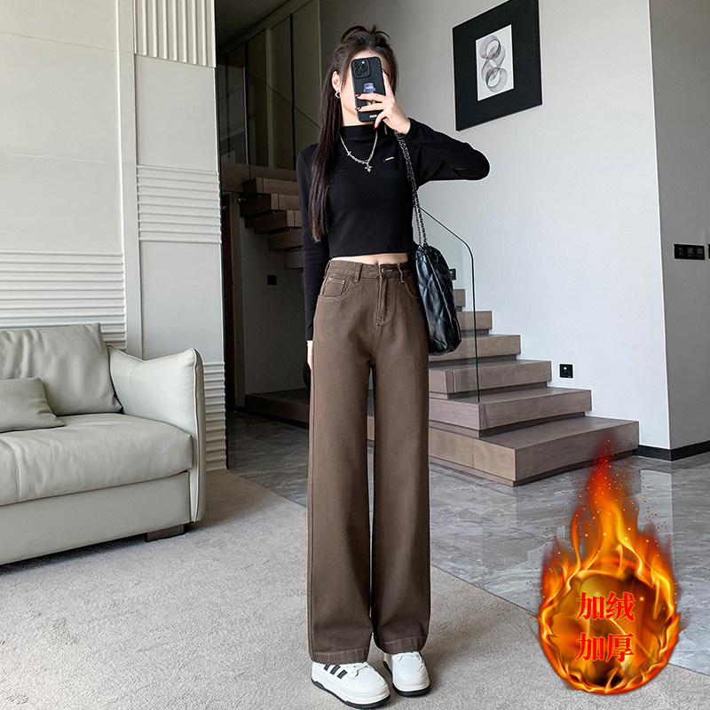 复古棕色加绒牛仔裤女小个子高腰