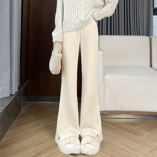杏色加绒加厚开叉针织微喇裤女