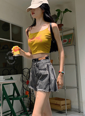 烟灰色高腰牛仔短裤女夏季薄款2026新款显瘦a字破洞辣妹超短热裤
