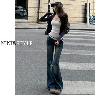 美式复古低腰微喇牛仔裤女2026新款春秋辣妹弹力修身小个子喇叭裤