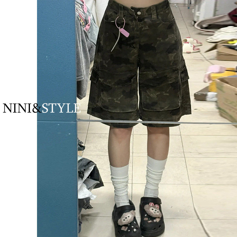 工装美式迷彩牛仔短裤女夏季2026新款高腰中裤宽松阔腿显瘦五分裤,女装/女士精品,牛仔裤,淘宝优惠券,粉丝福利购,淘宝优惠卷
