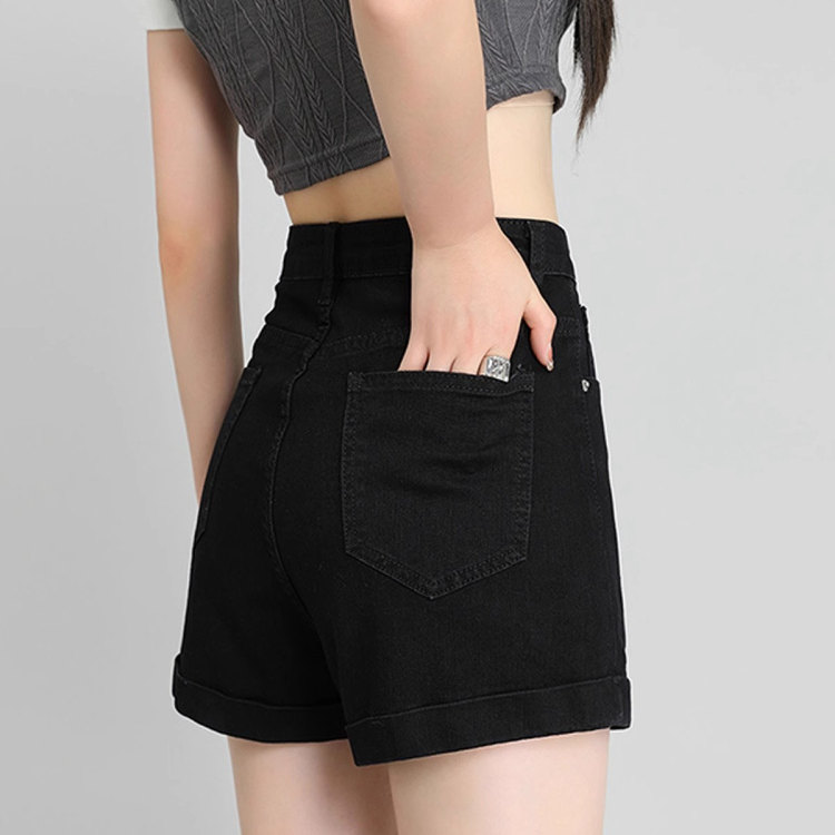 黑色高腰显瘦A字卷边牛仔短裤