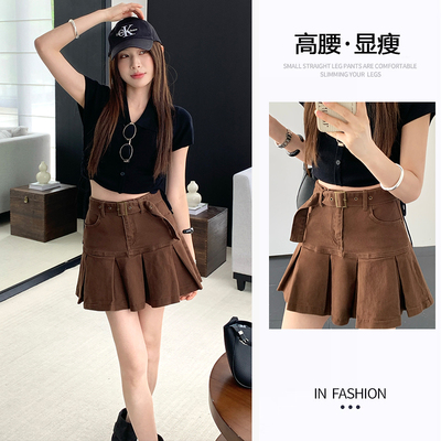 咖啡百褶牛仔短裙女夏薄高腰复古