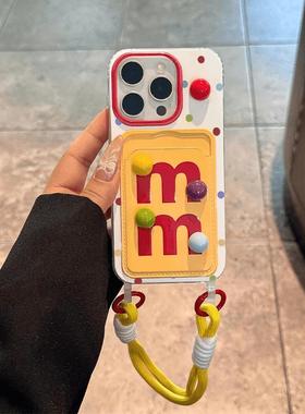 彩色立体M豆卡包适用苹 果15promax手机保护壳iphone14/13新款12/11保护套15plus日韩xr女xs max带挂绳7/8plu