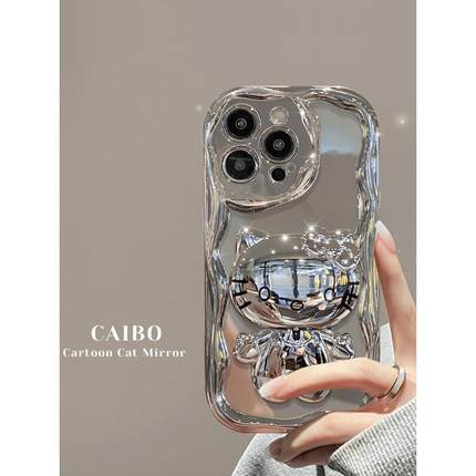 电镀KT猫镜子镜面适用OPPORe手机保护壳findx7/x6/x5支架kitty女reno10/9/8/7se新款6pro卡通k11/k10/a58/a96