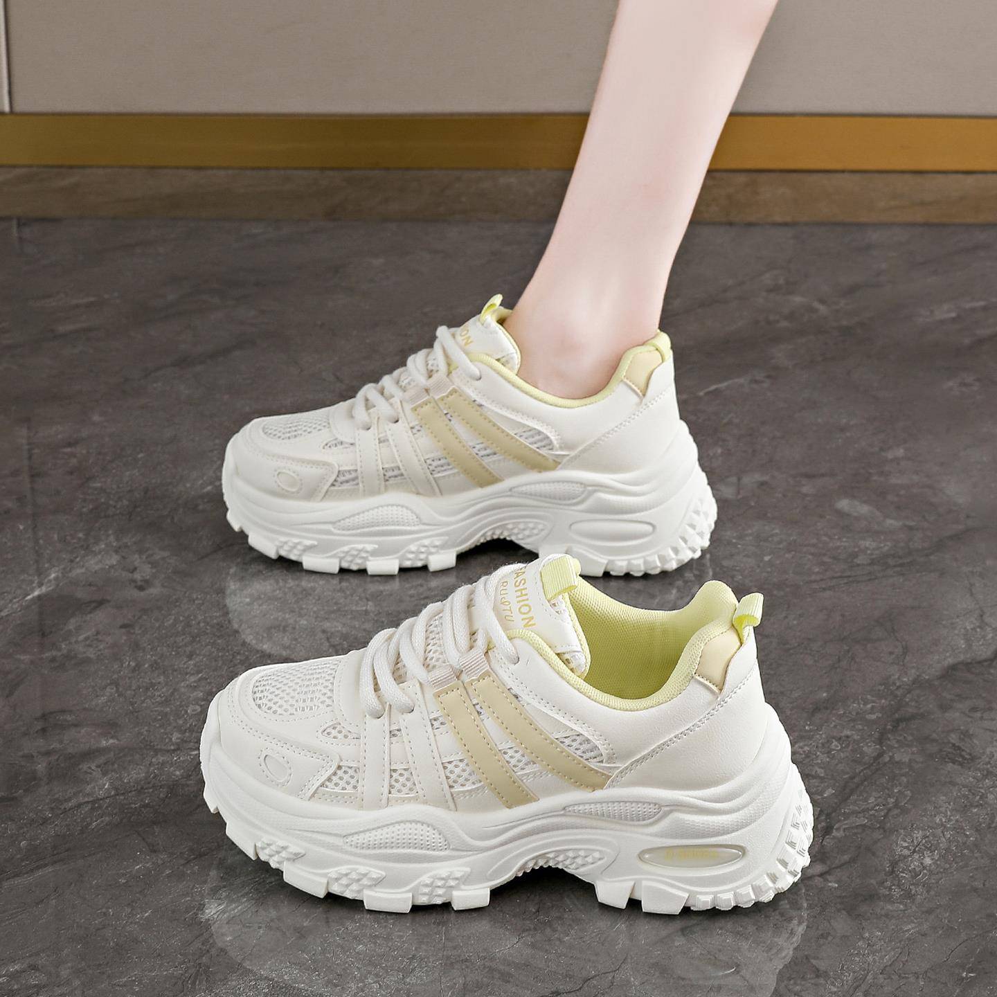 厚底女鞋2025新款秋季网面老爹鞋小个子厚底松糕鞋白色休闲运动鞋