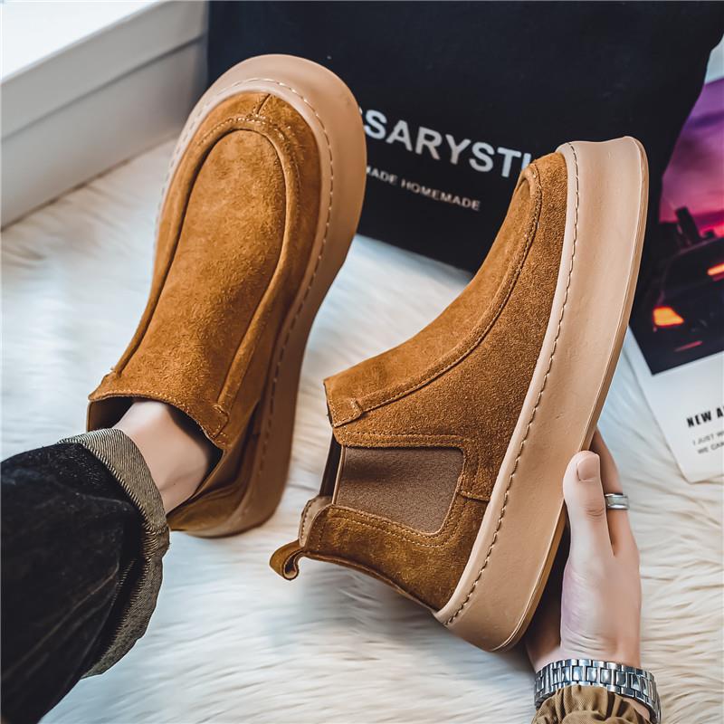 高帮男鞋秋季一脚蹬覆古百搭休闲翻毛皮鞋耐磨厚底运动工装马丁靴