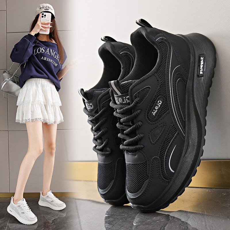 黑色鞋子女2025新款秋季透气网面全黑运动鞋轻便厚底显脚小老爹鞋