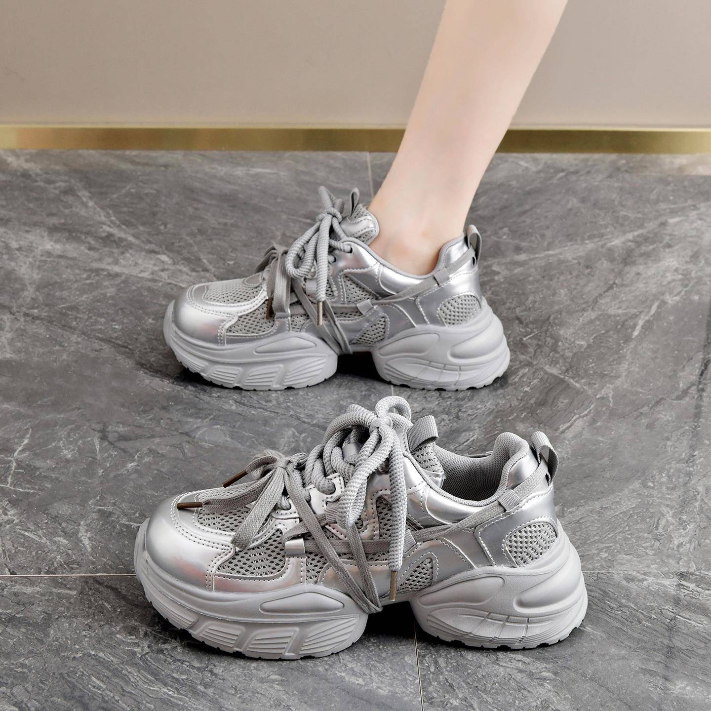 厚底老爹鞋女2025新款秋季高级感银色松糕鞋轻便运动鞋女士增高鞋