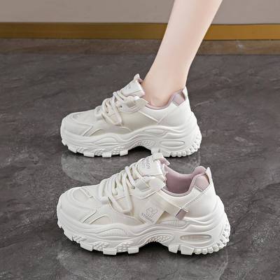 厚底运动鞋女2025新款秋季皮面防水配阔腿裤增高鞋百搭松糕老爹鞋