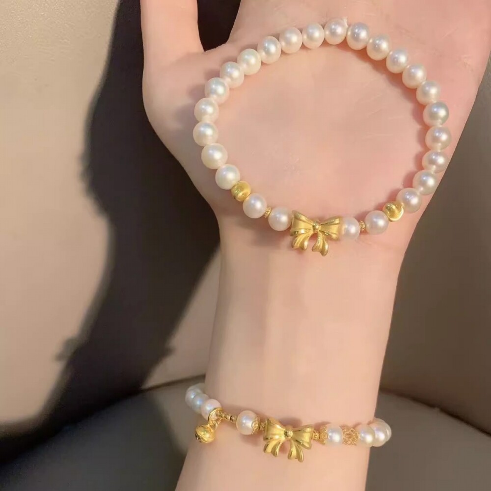 金色蝴蝶结手链女金色珠铃铛珍珠