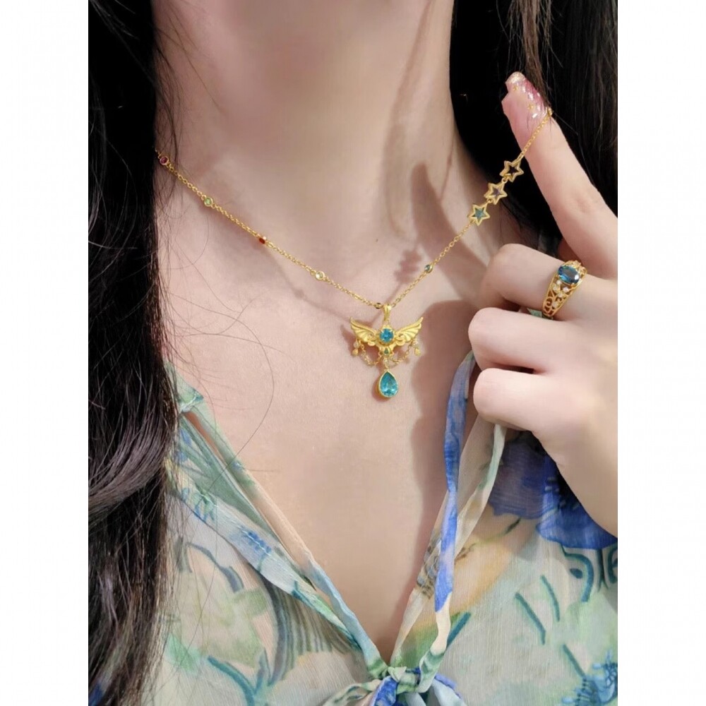 复古金色翅蓝色锆石吊坠项链女轻