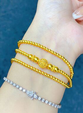 黄金色古法手链女三圈镂空花丝珠