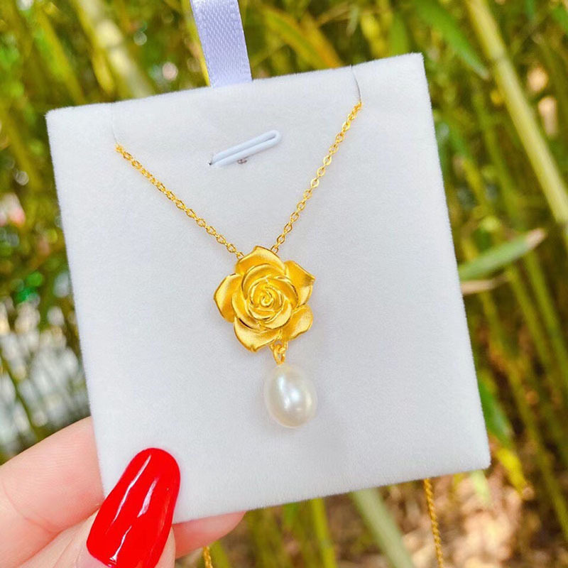 玫瑰花吊坠金色花朵项链女珍珠仿