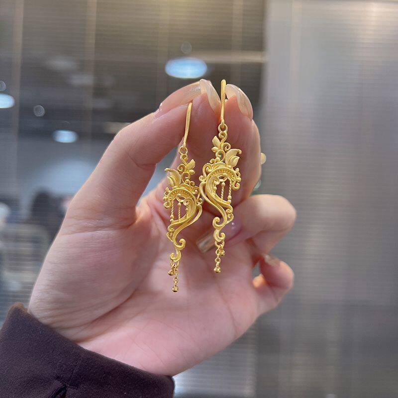 新中式黄金色竖琴半爱心流苏耳饰