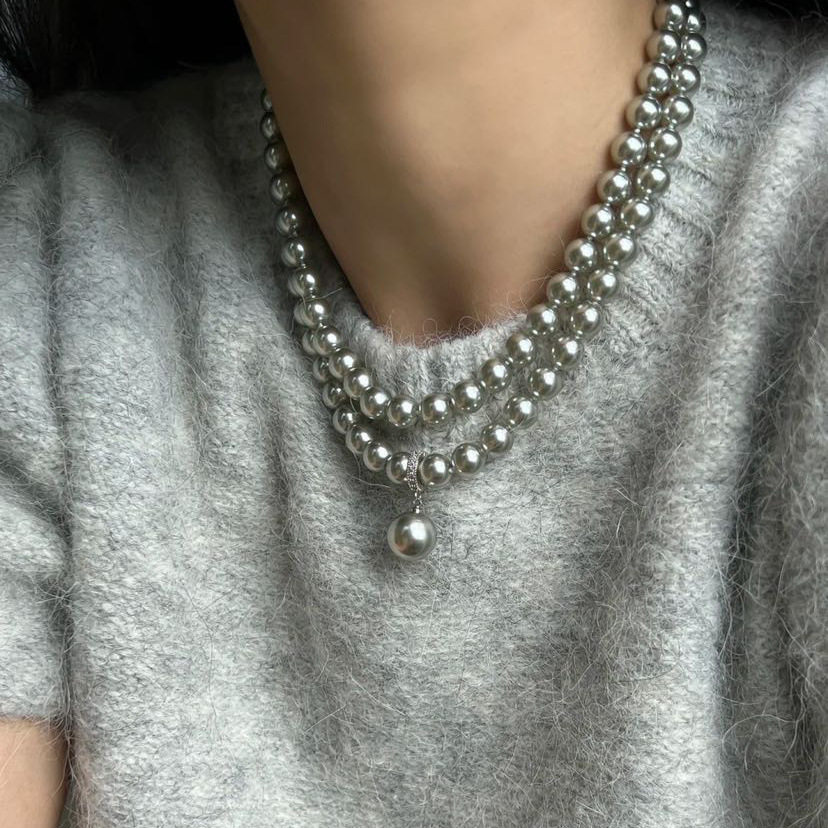 ins双层叠戴银色珠子项链小众设
