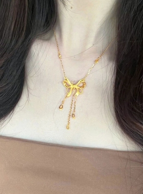 黄金色丝带蝴蝶结项链女公主流苏