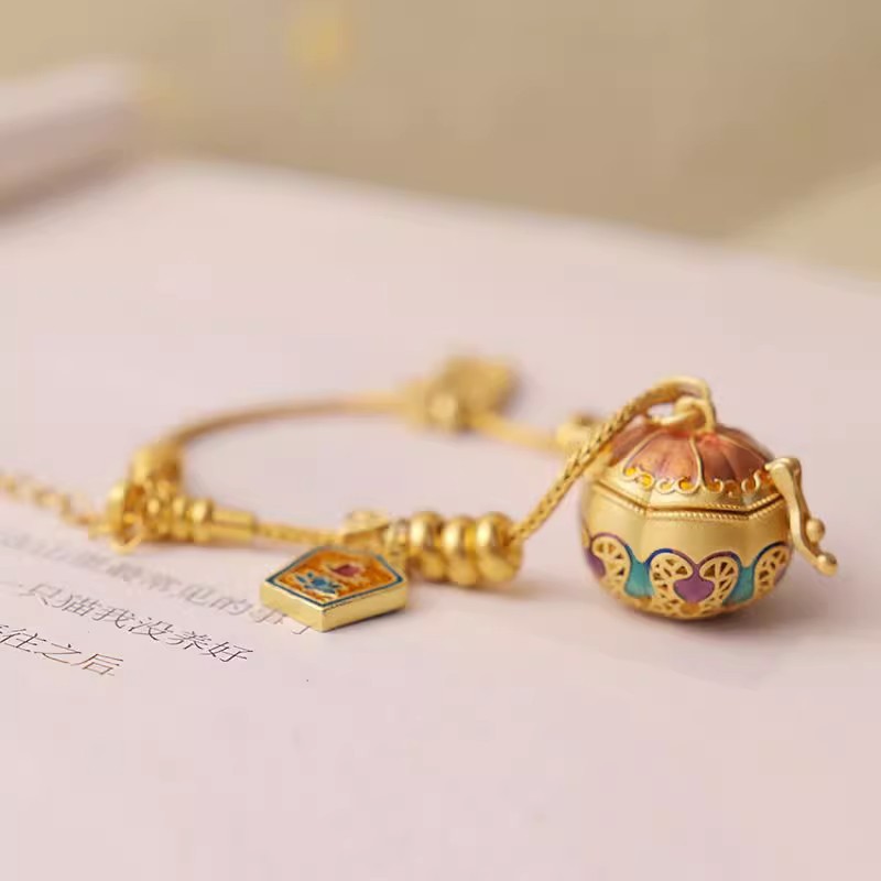 古法金色珐琅彩香囊球手链嘎乌盒