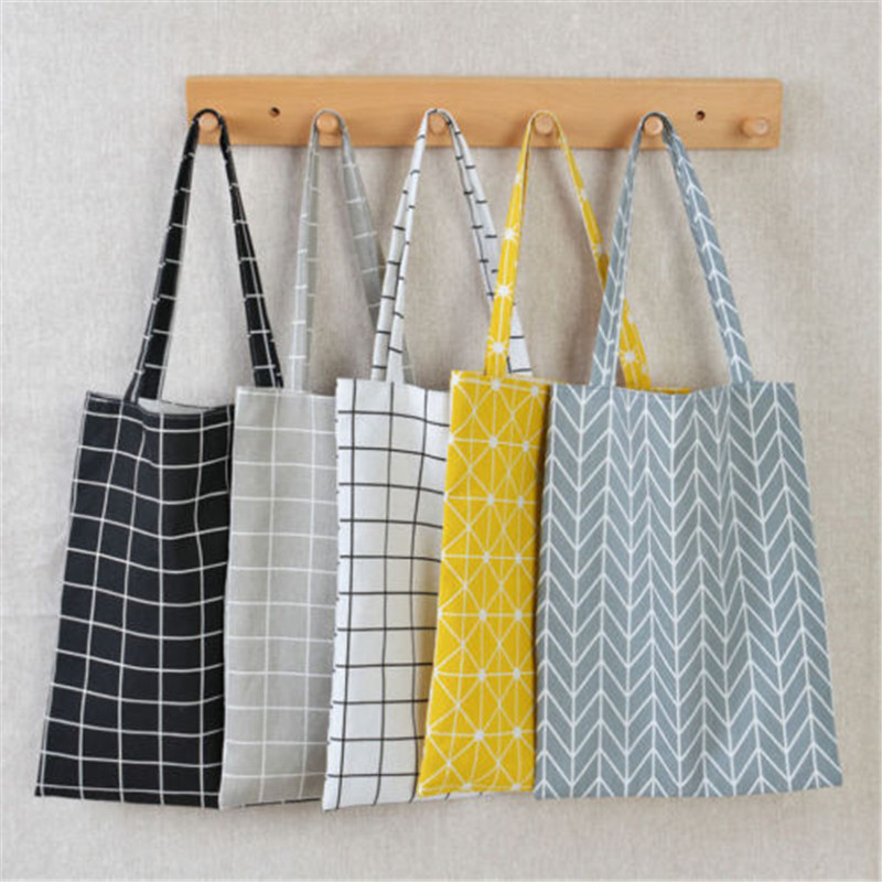 women plaid linen cotton shopping bag female canvas cloth s