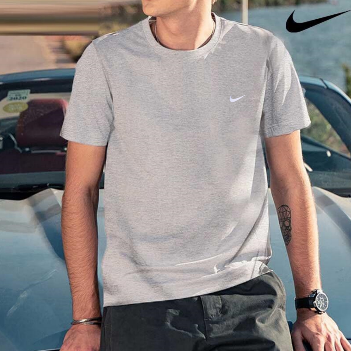 NIKE灰色短袖男子纯棉运动T恤2025夏季新款圆领休闲上衣半袖