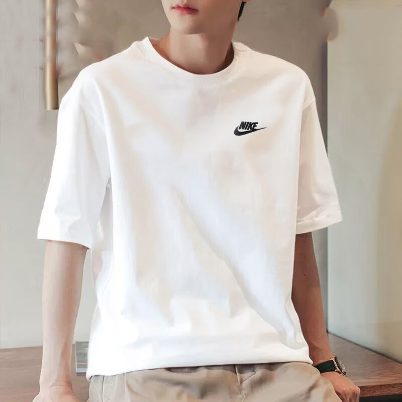 Nike/耐克白色短袖男宽松小标运动T恤新款上衣纯棉半袖AR4999
