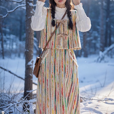 时尚套装女2025春季新款印花背心高腰半身裙打底衫学生减龄两件套