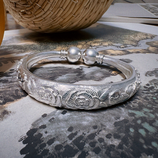 玫瑰花鸟镯足银999手工银镯定制圆蒜头银手工泥鳅背足银手镯定制