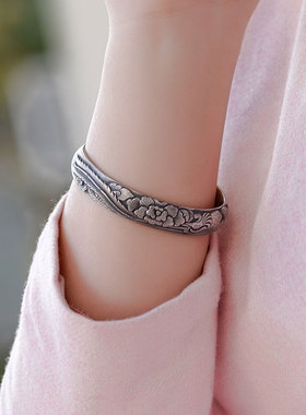 民雕小匠 凤戏牡丹复古贵妃镯纯银手镯999足银手银镯子牡丹凤凰