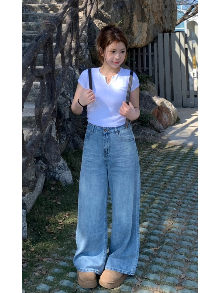 美式浅蓝色阔腿牛仔裤女2024年春秋宽松高腰复古显瘦拖地裤直筒裤