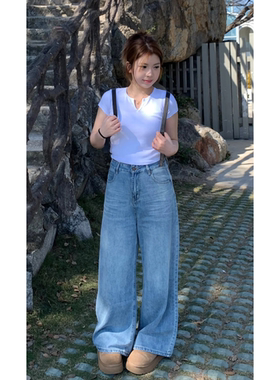 美式浅蓝色阔腿牛仔裤女2024年春秋宽松高腰复古显瘦拖地裤直筒裤