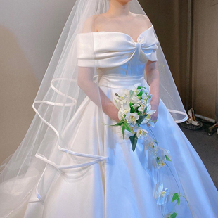 头纱新娘主婚纱韩式婚礼缎面包边森系简约超仙拖尾长款3米素纱