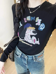 特价清仓 最后1件 手绘卡通小狗印花圆领长袖T恤女修身打底衫