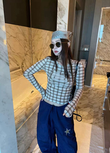 特价清仓 格子Kitty猫咪印花长袖T恤女洋气打底衫上衣潮
