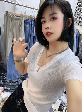 特价 玻璃纱U领短袖微透T恤女洋气显瘦内搭上衣打底衫