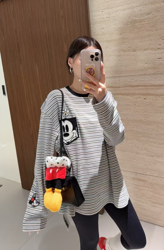 特价清仓 最后几件 刺绣米奇条纹撞色长袖T恤女宽松洋气上衣