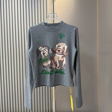 欧货 趣味可爱 油画爱心小狗印花长袖T恤女 辣妹打底衫小版上衣