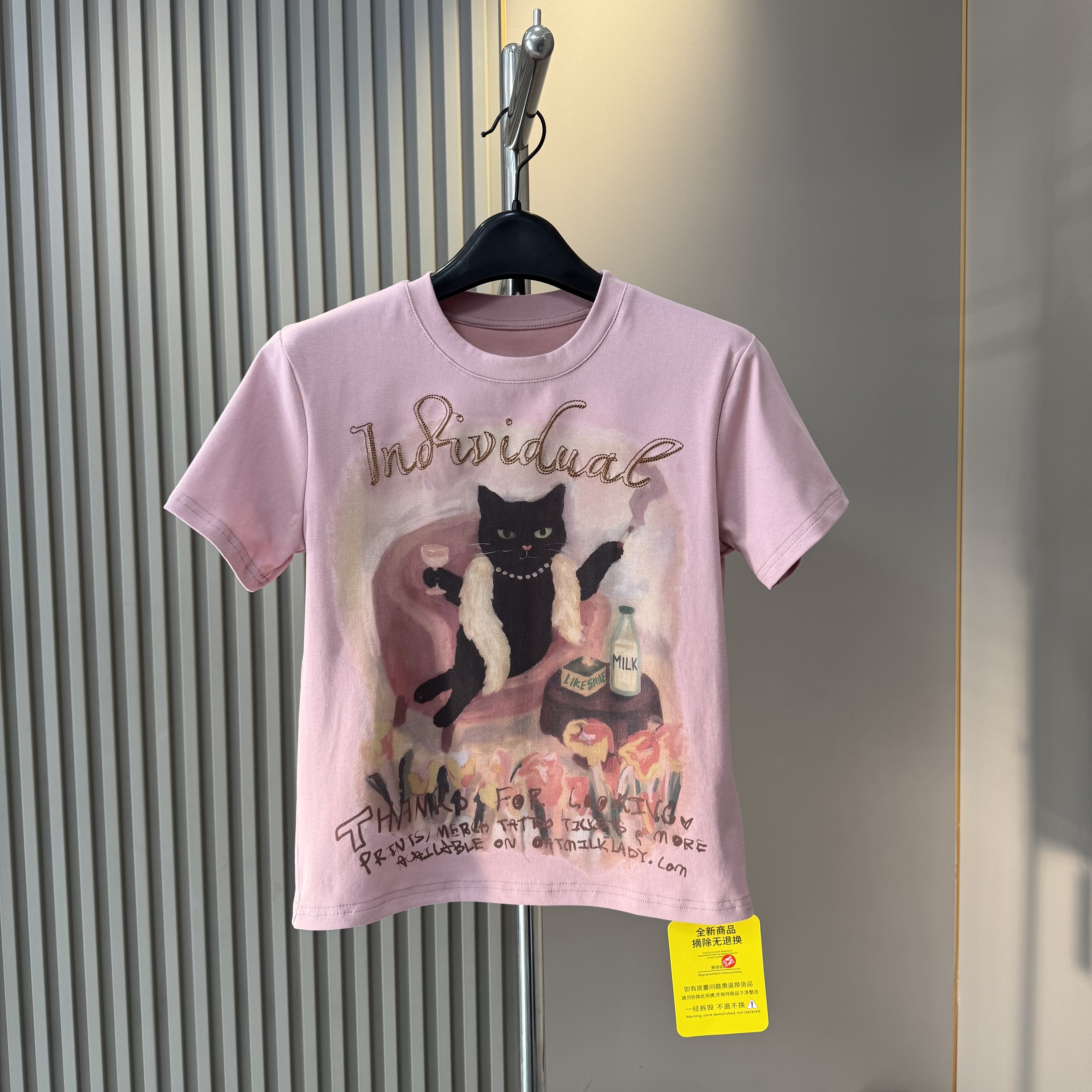 欧货春夏新款甜酷风手绘涂鸦黑色猫咪短袖T恤女 夏季修身减龄上衣