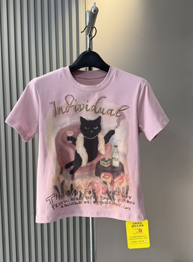 欧货春夏新款甜酷风手绘涂鸦黑色猫咪短袖T恤女 夏季修身减龄上衣