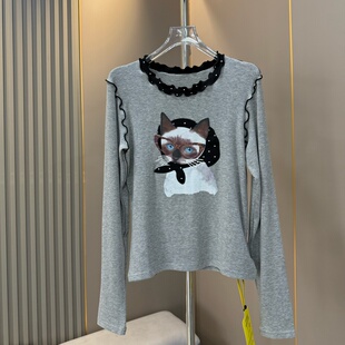 打底衫 欧货卡通萌丑猫咪印花波点花边圆领长袖 T恤女拼色明线修身