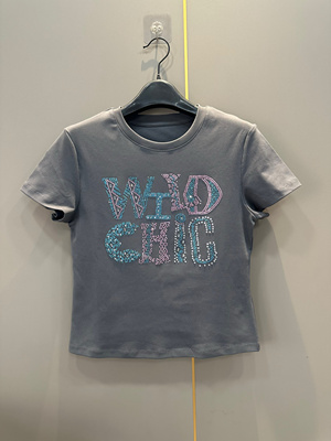 特价清仓 时尚圆领重工烫钻字母修身显瘦短袖T恤女上衣