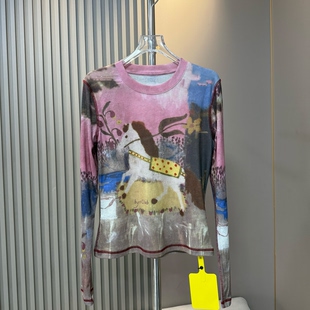 欧货2026早春新款时尚艺术油画晕染小马修身长袖女薄款上衣打底衫