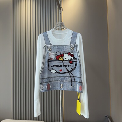 欧货趣味时髦仿牛仔背带猫咪印花长袖T恤女秋季短上衣辣妹穿搭