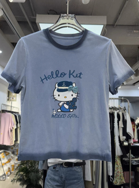 欧货2026夏季新款甜酷风做旧Kitty印花扎染渐变短袖T恤女洋气上衣