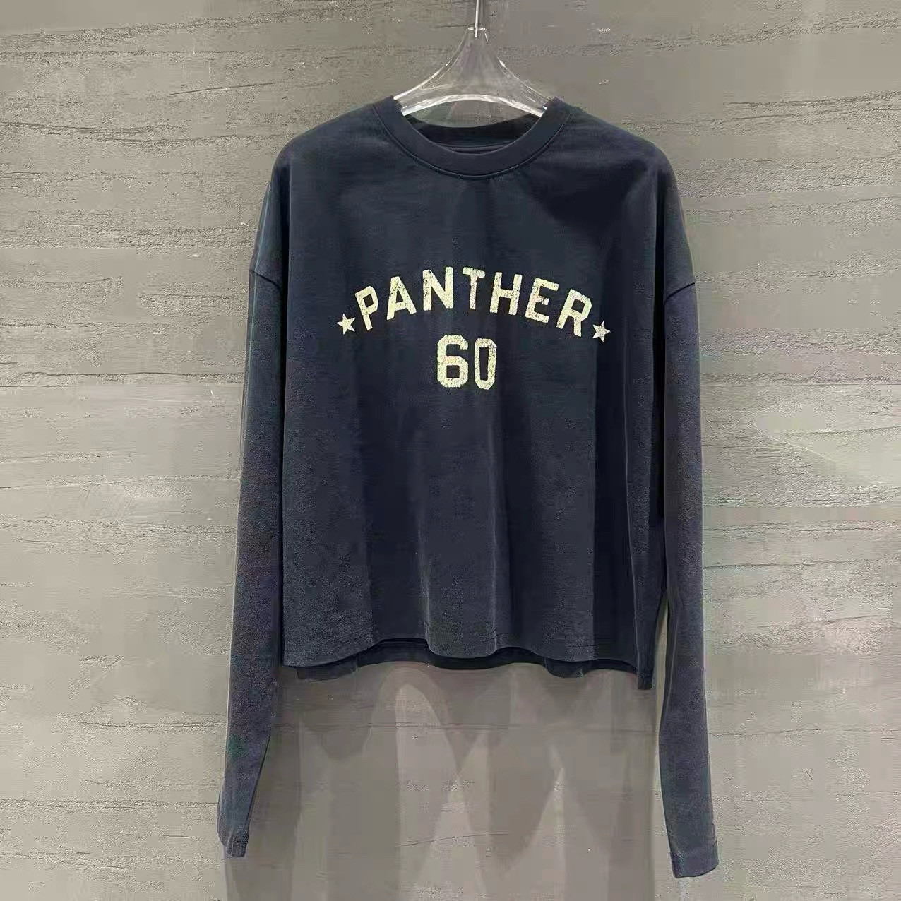 欧货秋新款时尚圆领字母印花复古水洗宽松短款上衣女百搭长袖T恤