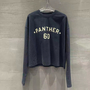 欧货秋新款时尚圆领字母印花复古水洗宽松短款上衣女百搭长袖T恤