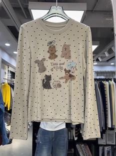 T恤波点上衣打底衫 趣味卡通猫咪狗狗印花长袖 女 时尚 欧货秋冬新款