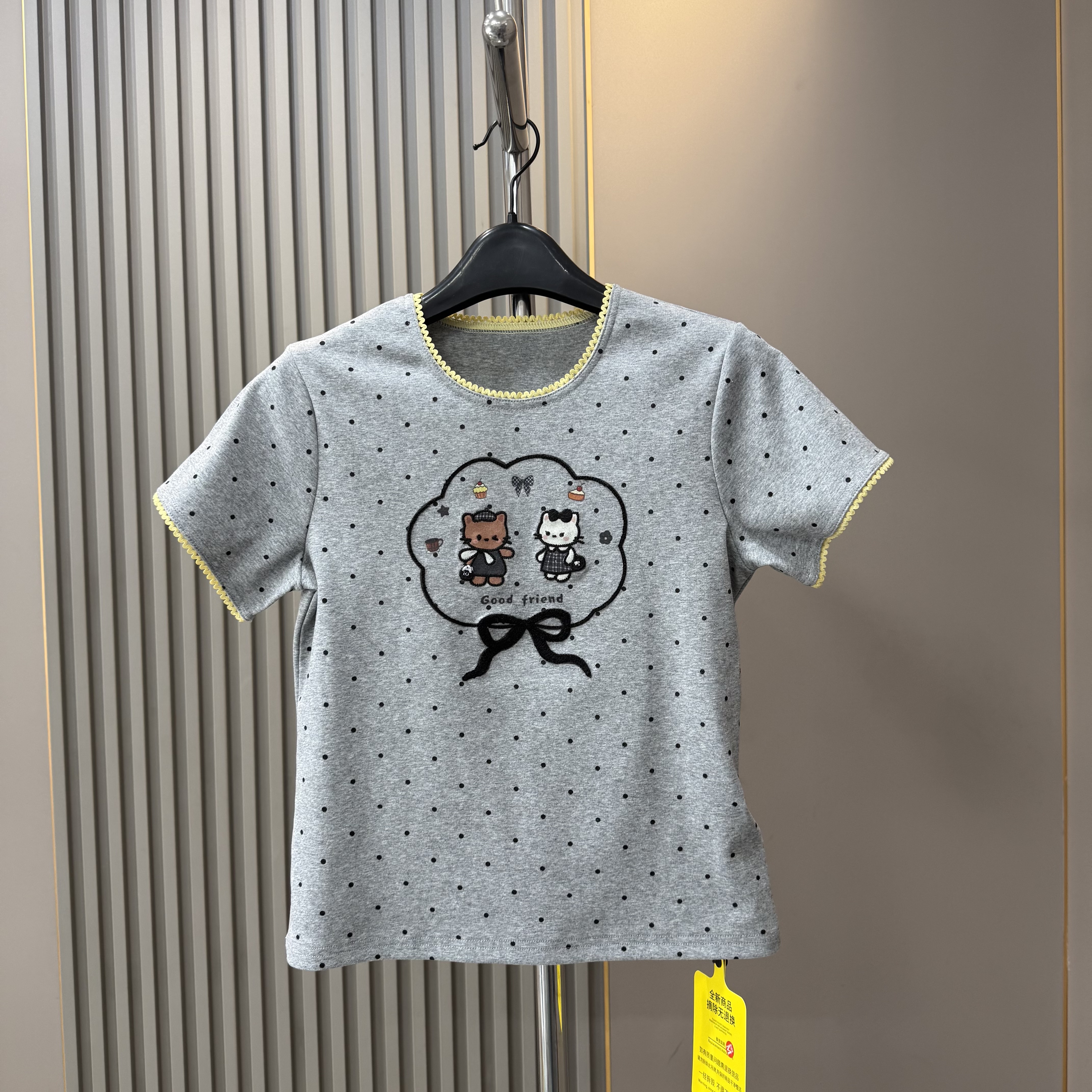 特价清仓 新款圆领波点卡通猫咪印花刺绣短袖T恤女洋气减龄上衣