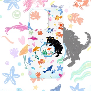 y2k涂鸦猫咪金鱼手机壳适用iPhone17promax苹果16菲林13千禧14小米15华为mate70荣耀P80红米vivo一加12硬oppo