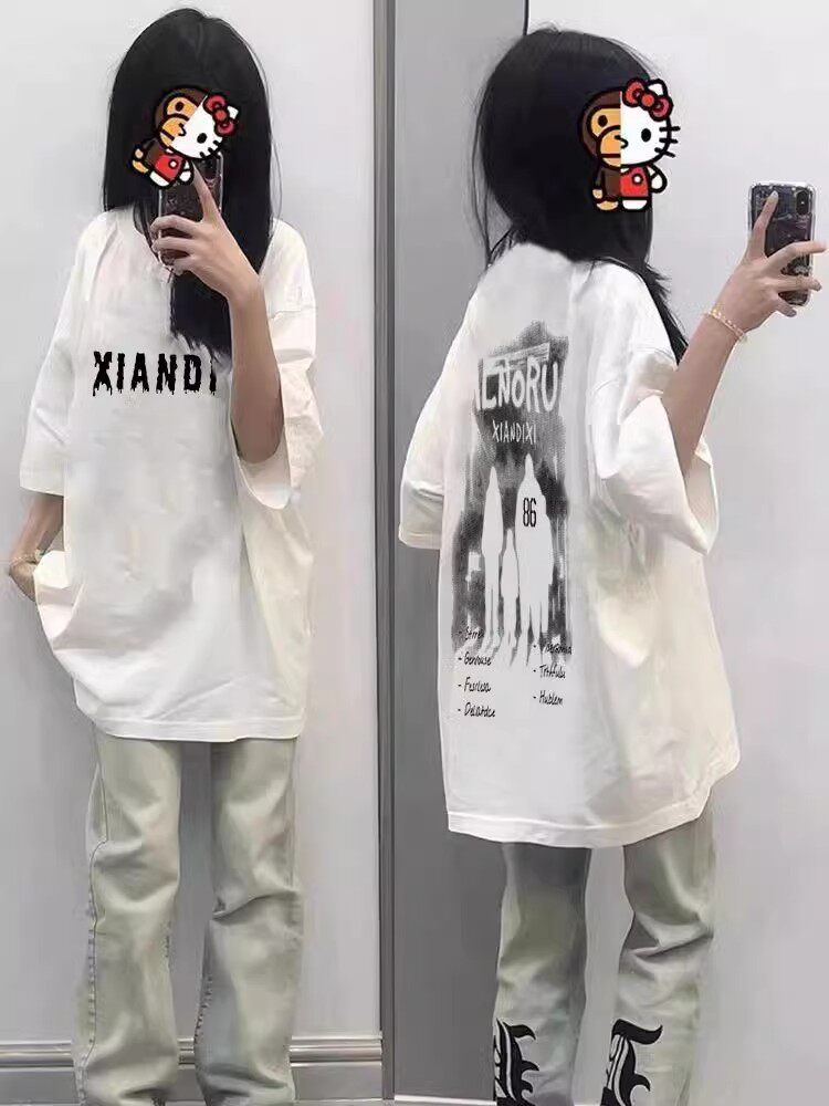 2024新款爆款夏季初中生短袖t恤女美式宽松设计感小众半袖上衣潮