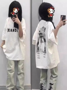 2024新款爆款夏季初中生短袖t恤女美式宽松设计感小众半袖上衣潮